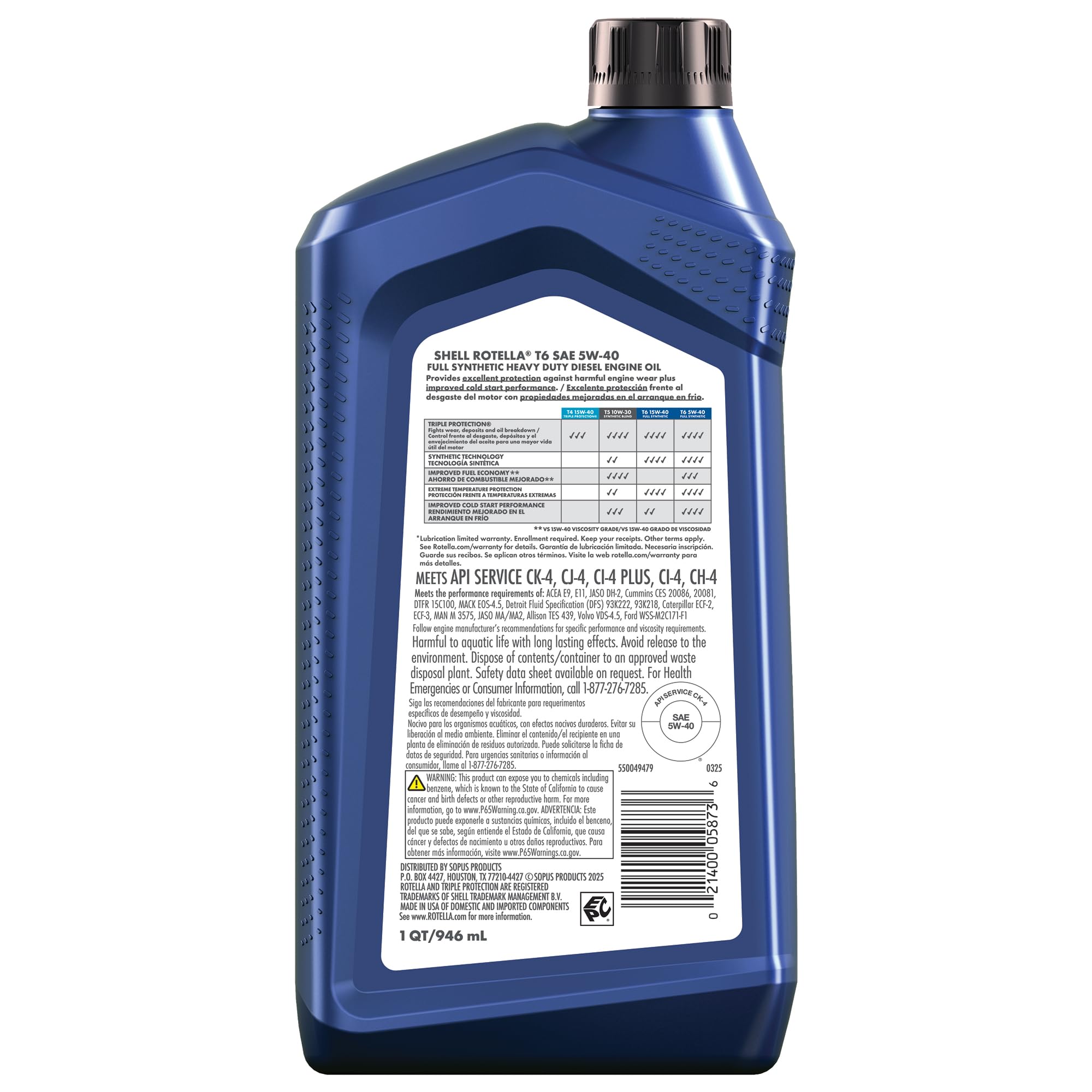 Shell Rotella T6 Full Synthetic Heavy Duty Engine Oil 5W-40, 55 Gallon Drum