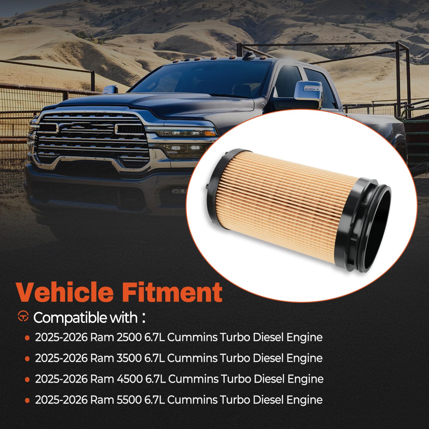 6.7L Cummins Diesel Engine Oil Filter Compatible with 2025 2026 Dodge Ram 2500 3500 4500 5500 6.7L Cummins Turbo Diesel Engine Replace 68677810AA