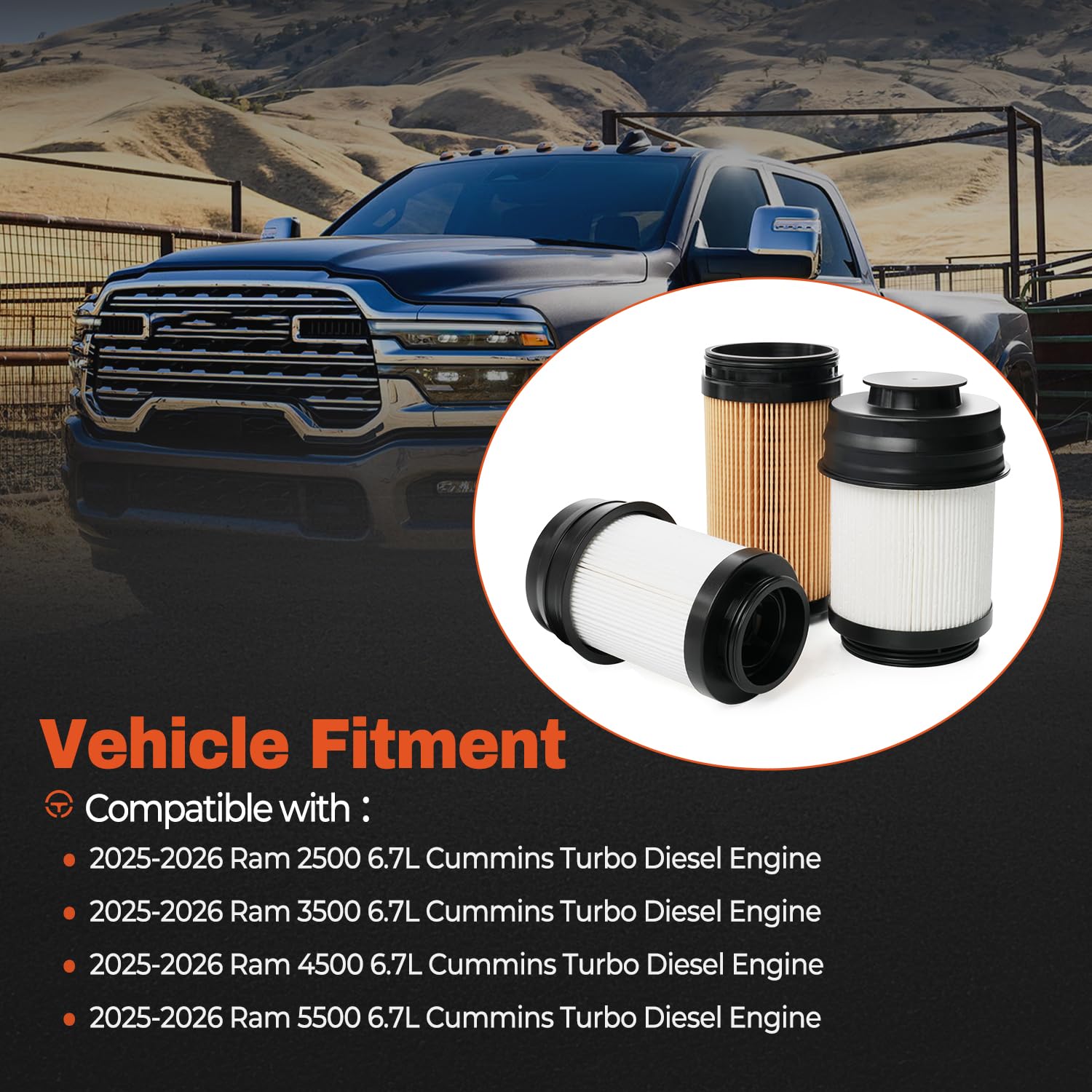 6.7L Cummins Diesel Engine Oil Filter Compatible with 2025 2026 Dodge Ram 2500 3500 4500 5500 6.7L Cummins Turbo Diesel Engine Replace 68677810AA