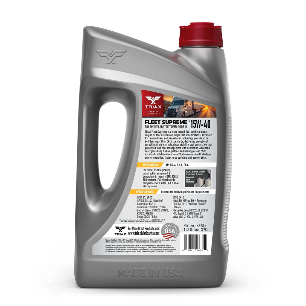 Triax Fleet Supreme 15W-40 API CK-4 Full Synthetic Heavy Duty Diesel Engine Oil | Moly Boron Friction Modified | Extended Drain (5 Gallon)