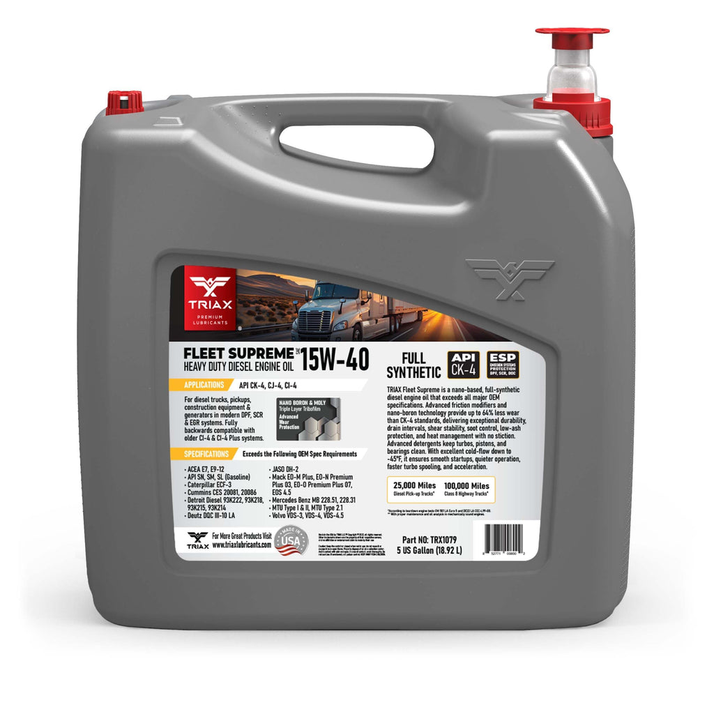 Triax Fleet Supreme 15W-40 API CK-4 Full Synthetic Heavy Duty Diesel Engine Oil | Moly Boron Friction Modified | Extended Drain (5 Gallon)