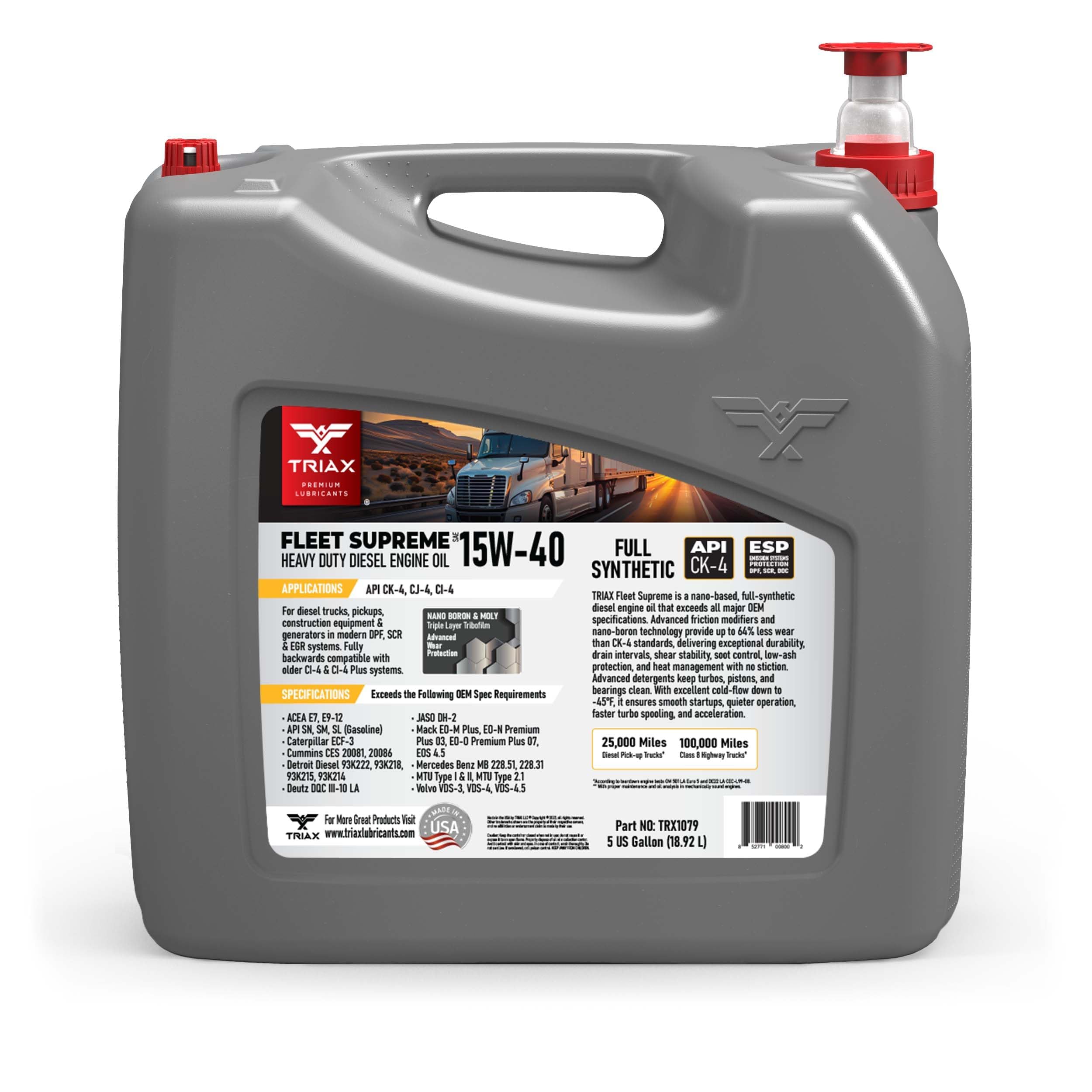 Triax Fleet Supreme 15W-40 API CK-4 Full Synthetic Heavy Duty Diesel Engine Oil | Moly Boron Friction Modified | Extended Drain (5 Gallon)