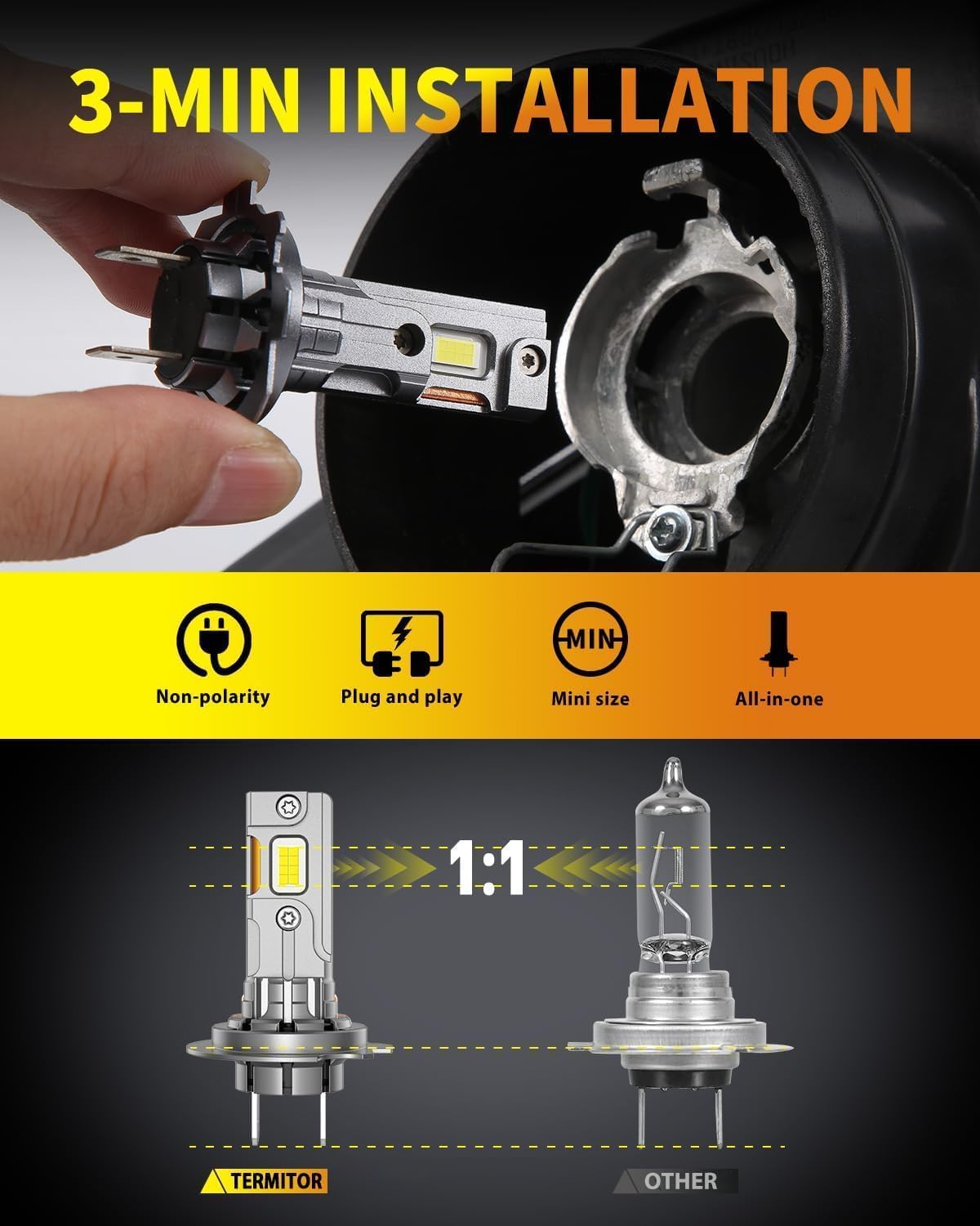 Termitor H7 Light Bulbs, 50,000LM High Brightness, 1:1 Original Halogen Size, Plug and Play 3-Min Installation, IP68 Waterproof, 10-Year Lifespan for H7 Exterior Light Bulbs, Pack of 2 | 1:1 Original Halogen Size, Plug and Play 3-Min Installation, IP68 Wa