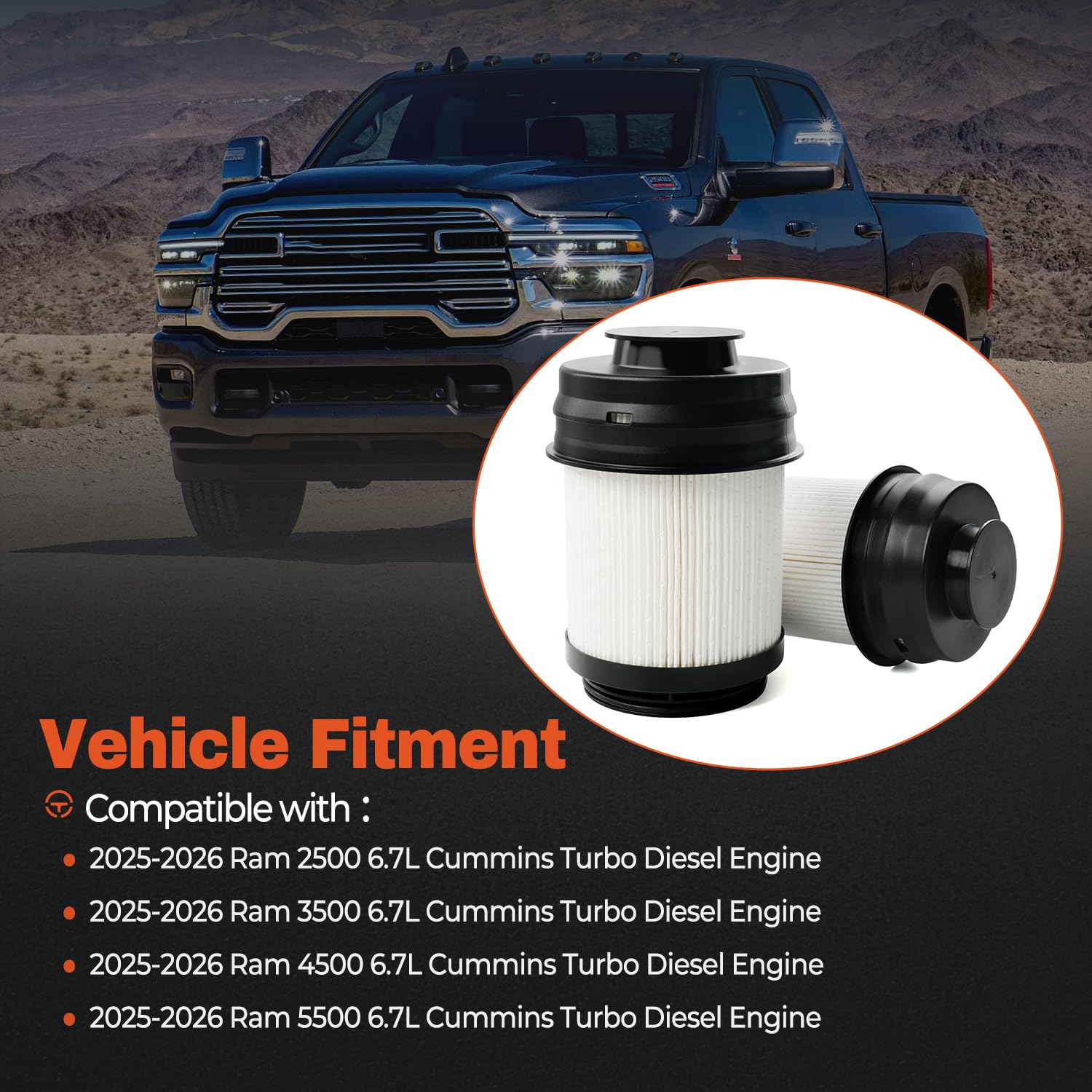 6.7L Cummins Diesel Engine Oil Filter Compatible with 2025 2026 Dodge Ram 2500 3500 4500 5500 6.7L Cummins Turbo Diesel Engine Replace 68677810AA