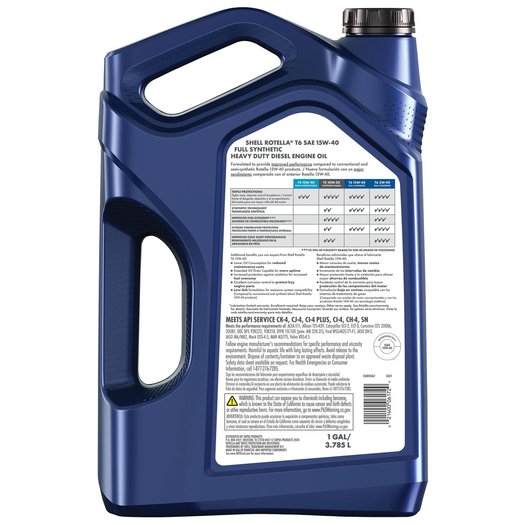 Shell Rotella T6 Full Synthetic Heavy Duty Engine Oil 5W-40, 55 Gallon Drum