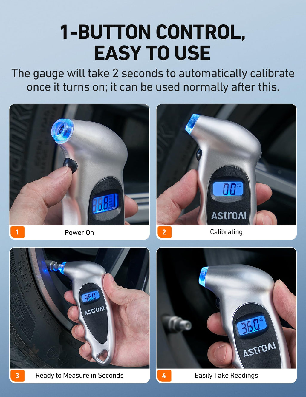 AstroAI Digital Tire Pressure Gauge 0-150PSI Calibrated to ANSI B40.7 +/-1PSI, Accurate in 0.1 Increments, Tire Repair Tools 4 Pressure Measurements for Car Truck with Backlight LCD, Silver