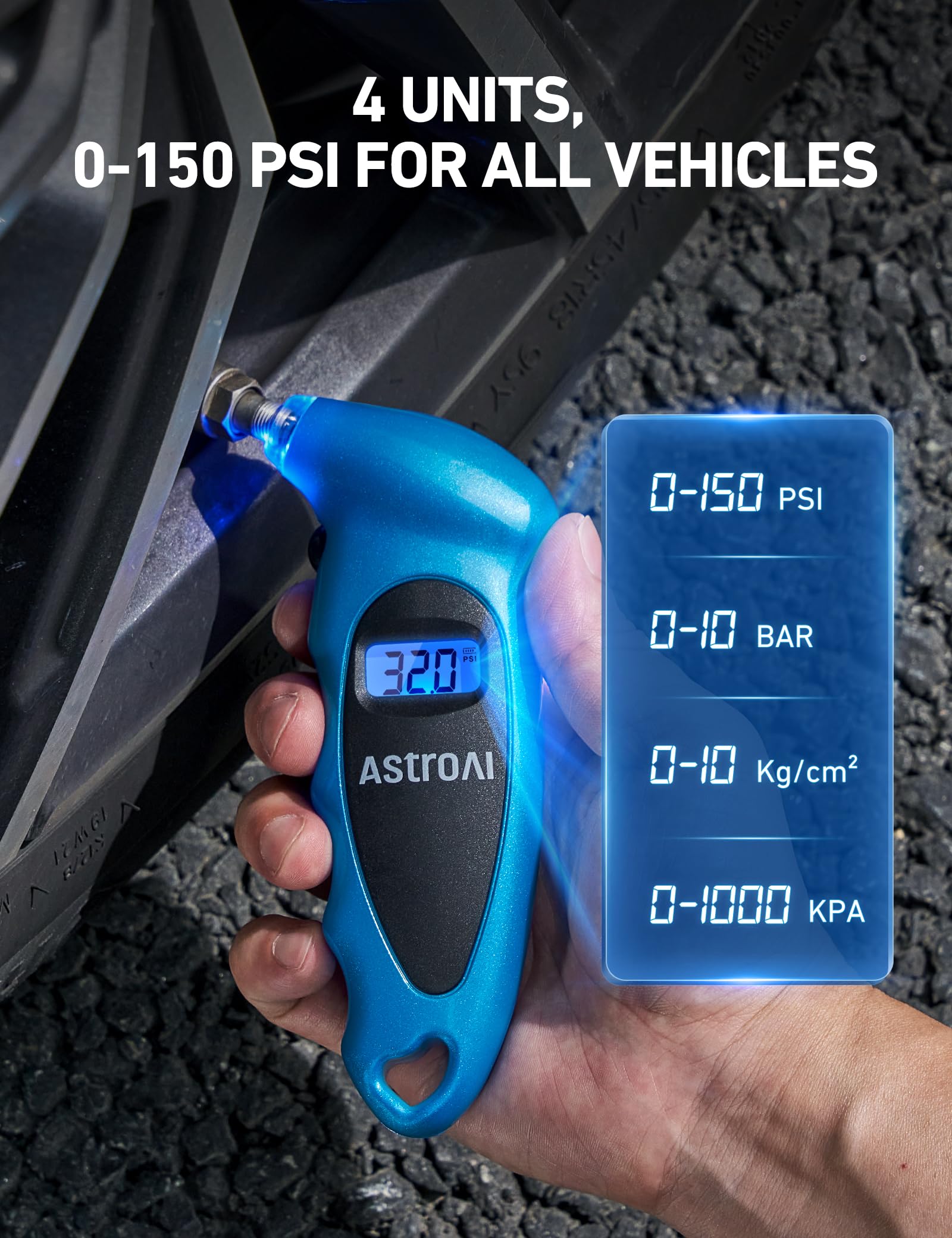 AstroAI Digital Tire Pressure Gauge 0-150PSI Calibrated to ANSI B40.7 +/-1PSI, Accurate in 0.1 Increments, Tire Repair Tools 4 Pressure Measurements for Car Truck with Backlight LCD, Silver